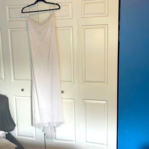 White beaded gown spaghetti strap lace up back with train and bustle size 6